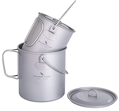 iBasingo 750ml+1250ml Titanium Mug Camping Water Cup Hanging Pot Ultralight Outdoor Travel Tableware with Lid & Foldable Handle Picnic Backpacking Portable Drinkware Survival Gear Ti3038D+Ti3042D