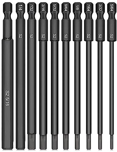 CYLBAQ 10 Stück Hex Schraubendreher Bit Satz Lang 100mm, 1/4 Magnetisch Inbusschlüssel, S2 Sechskantkopf Bohrer Bit, Allen key Hex Sechskant (5/64, 7/64, 1/8, 9/64, 5/32, 3/16, 7/32, 5/16)
