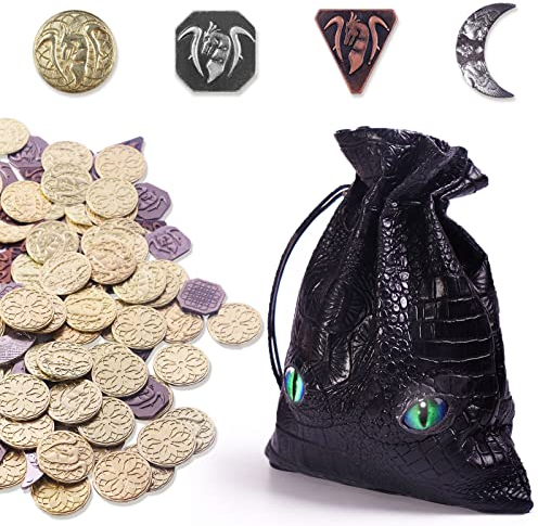Byhoo 145PCS Metall DND Münzen & Ledertasche, Enthält 60 Goldmünzen, 40 Silbermünzen, 40 Kupfermünzen und 5 Platinmünzen, Token mit Glow in The Night Eyes Tasche für RPG Tablelap Games