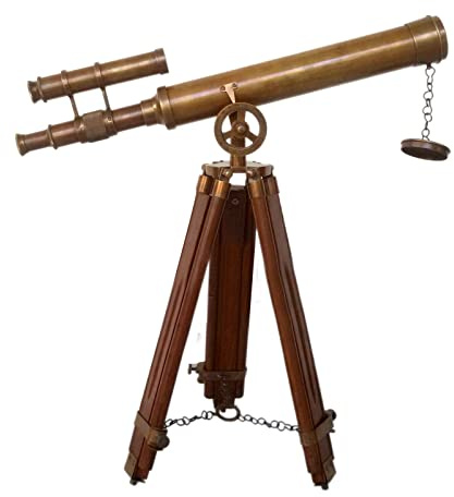 CALIF INTERNATIONAL Nautical Brass Antique Double Barrel Designer Telescope Spyglass with Wooden Tripod Stand, 18 Inches Tripod Floor Standing Telescopic for Home Decor, Gifts sail Boat Decor