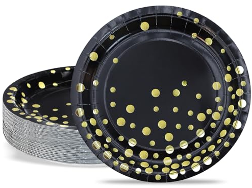 ZVK Piatti per feste, 23cm Piatti di carta Nero con lamina d'oro 50 pezzi Set di piatti da dessert usa e getta per feste di matrimoni, compleanni, lauree, natale, ringraziamenti, halloween