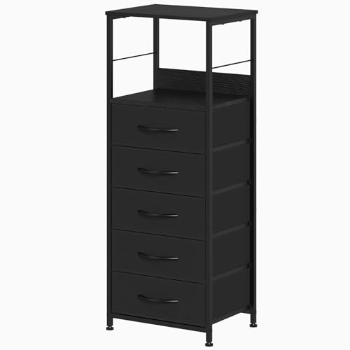 CADUKE Cassettiera alta con 5 cassetti in tessuto per camera da letto, robusta struttura in acciaio e piano in legno, comò in tessuto per soggiorno, corridoio, ingresso, asilo nido, nero