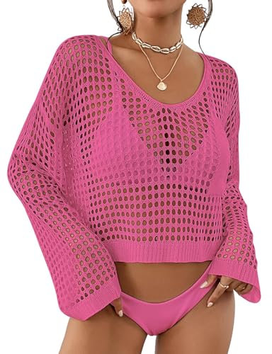 Bsubseach Femmes Crochet Crop Top Plage Maillot De Bain Cover Up Manches Longues Hollow Out Maillot De Bain Cover Ups Tenues D’éTé Rose Rouge