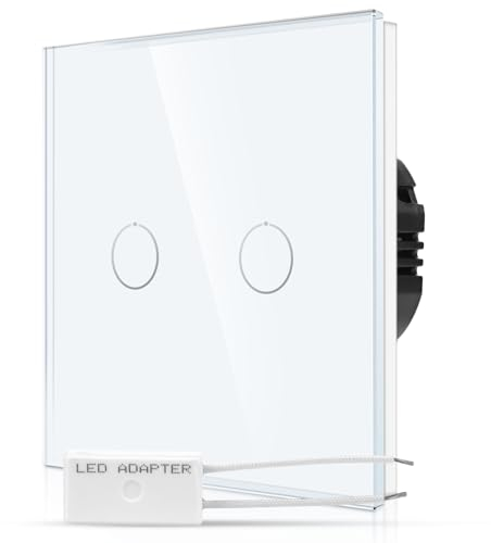 CNBINGO Touch Dimmschalter unterputz in Weiß - zweifach Dimmer Lichtschalter mit Status-LED und Glas Panel - 2 Fach Wandschalter für LED-Leuchten - Berührungsschalter mit Kostenfreier Adapter