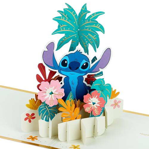 Hallmark Disney Lilo & Stitch 3D & Pop Up Karte für jeden Anlass, Stich mit hawaiianischen Blumen, Geburtstag, Vatertag, Tochter, Sohn, Enkelin, Enkel, Gold