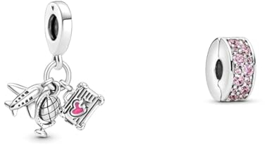 PANDORA Moments 799435C01 Flugzeug, Globus und Koffer Charm-Anhänger aus Sterling-Silber mit rosafarbener Emaille 6x13,6x15 mm (T/H/B) & Rosafarbener Pavé-Glanz Clip 791817PCZ