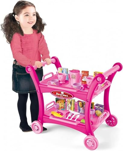 Kids Tea & Cake Trolley Pretend Play Set – 28 Piece Pink Push Along Toy Cart with Play Food, Toy Cakes, Cups & Cutlery – Childrens Kitchen Roleplay Afternoon Tea Party Set for Girls & Boys Aged 3+