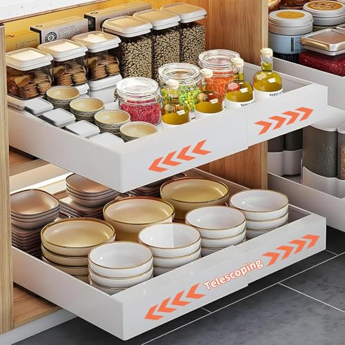 2 Pieza Cajón Telescópico Cocina, Cajones Extraibles para Cocina, Telescópico Gavetas Deslizantes para Aarmarios, no Requiere Taladrar Ni Clavar, Cajón Telescópico Ampliable para Cocina (32-52cm)