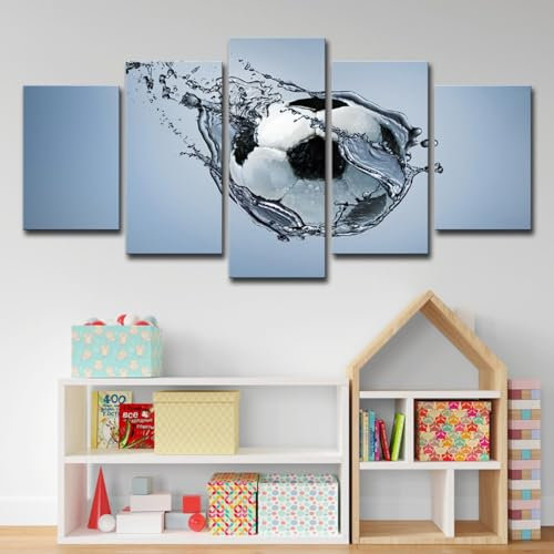 CUNNVN Patrón de una pelota de fútbol pateando en el agua 5 piezas de pinturas en lienzo HD Ancho total*alto total: 100 * 55 cm para dormitorio habitación niños sala estar decor paredes dormitorio