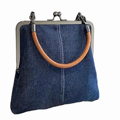Denim Crossbody Tote Bags For Women, Mini Blue Denim Totebag Kiss Lock Purses And Handbags Accessories, Blue