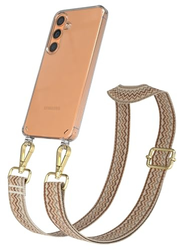EAZY CASE Handykette - Verstellbares Taschenband kompatibel mit Galaxy S24, Schulterriemen, Handykordel mit Silikon Hülle, Umhängetasche, Beige Braun Gold
