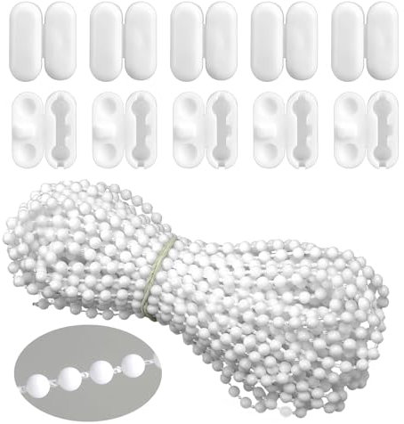 Xthrotsenk Roller Blind Bead Chain 32.8 Feet (10 Meters) Replacement Cord for Blinds Roller Shade Chain, Venetian Blinds Cord for Roman Vertical Shade Blind with 10 pcs Bead Chain Connectors (White)