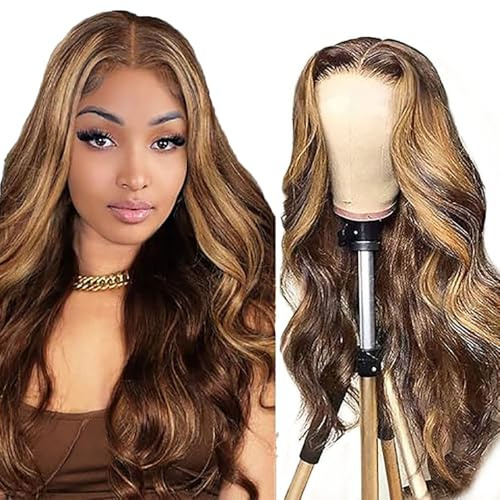 AiPliantfis Body Wave Human Hair Wig Blonde Echthaar Perücke Damen 4X4 Lace Glueless Wig Wear and Go P427 Highlight Blonde Pre Plucked 150% Density Unprocessed for Women 32 Zoll