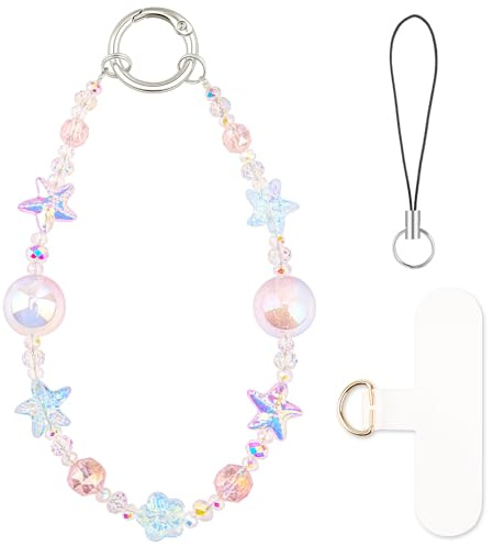 HONZUEN Handykette Perlen Kurz, Charms Anhänger Handy Kette mit Bunte Kristallperlen, Anti-Drop Handy Anhänger & Wrist Strap für Damen und Mädchen, Cute Phone Charm Zubehör, Rosa Ozean