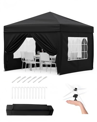 Faltpavillon 3x3 m wasserdicht stabil mit 4 Seitenwänden – Pop up Pavillon faltbar aus 420D Oxford, UV-Schutz 50+, 3-Fach höhenverstellbar, Partyzelt mit Tragetasche für Garten & Outdoor Schwarz
