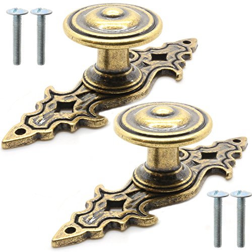 2X Vintage Solid Brass Cabinet Wardrobe Door Knobs On Plate - Stylish Vintage Drawer Pull