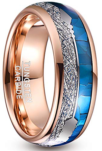 NUNCAD Wolfram Ring Herren 8mm Eheringe Rosegold mit Silber Imitierter Meteorit, Blaue Muschel und Pfeil Kuppelring Männer für Verlobung, Versprechen, Jahrestag Größe 62(19.7)