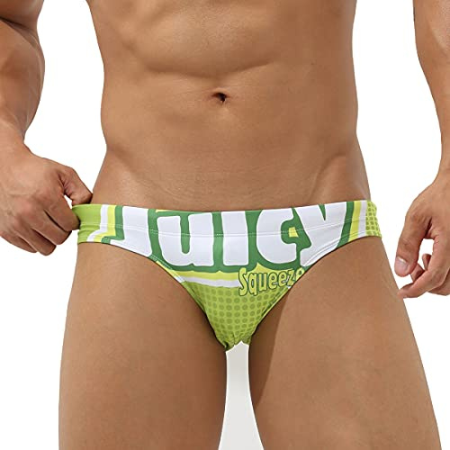 EASEJUICY Mens Swim Briefs Sexy Bikini Swimwear Digital Printing Letter Swimsuit Low Rise Drawstring with Liner (2113Juicy,M)