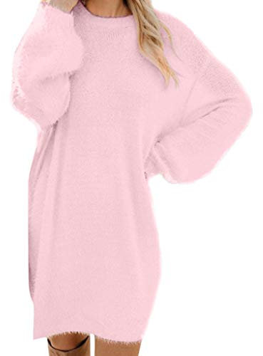 Robe pull longue élégante pour femme - Col rond - Manches longues - Automne - Hiver - Chaud - En tricot - Longueur au genou - Grande taille - Chemisier d'hiver., Rose, XXXL