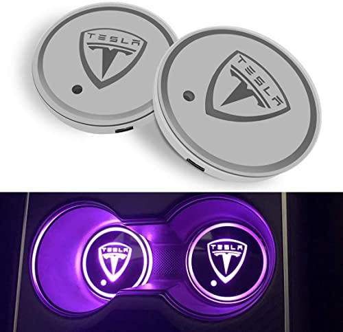 Onewer LED-Auto-Becherhalter mit 7 Farbwechseln,Wiederaufladbare Automatte Untersetzer Autozubehör für Tesla Model 3/Y/S/X