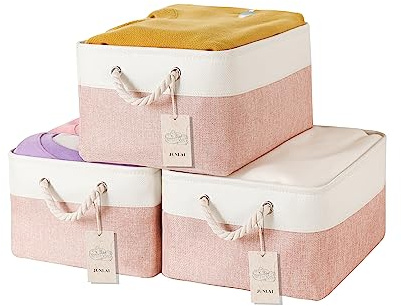 JUNLAI 3 Pcs Storage Baskets with Handles, Foldable Small Storage Boxes, Fabric Wardrobe Storage Basket for Office & Home, Book, Clothes, Toys(Pink and White, Small)