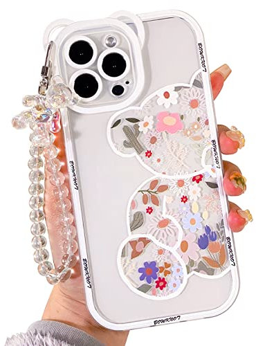 NITITOP Compatible for iPhone 12 Pro Max Case with Bear Ears Clear Cute Flower with Lovely Bracelet Chain Floral for Girls Women Soft TPU Shockproof Protective Girly-Bear