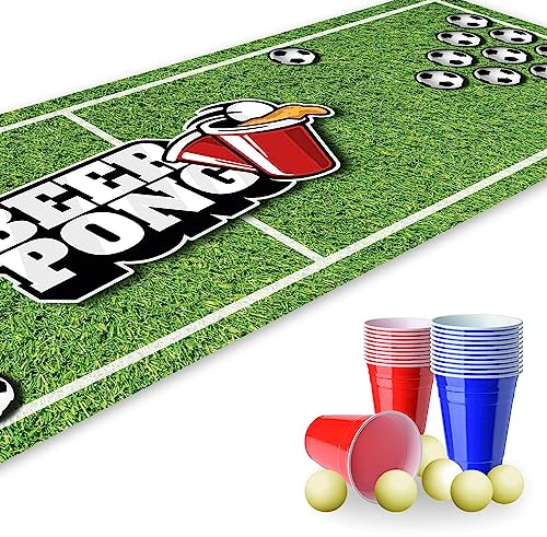 younikat Beer Pong Set I 180 x 60 cm I Spielfeldmatte mit Fußball Design I Inkl. 22 Partybechern und 6 Tischtennisbällen I Trinkspiel I Party-Spiele I dv1238