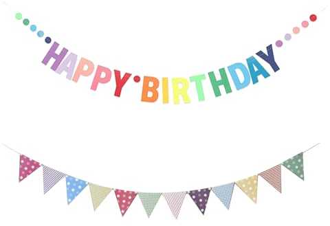 2 Stück Happy Birthday Banner Set, Happy Birthday Girlande mit Dreieckiger Girlande, Geburtstagsdeko mit Bunten Punkten, Geburtstagsbanner, Girlande Geburtstag für Erwachsene, Kinder, Mädchen, Frauen