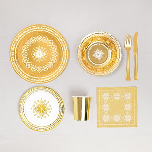 MAXI PRODUCTS - Kit 12 Personas - Decoración Navidad Bordado Oro - Pack 90 uds - Temática Navideña - Vajillas Completas Navidad - Diseño Único