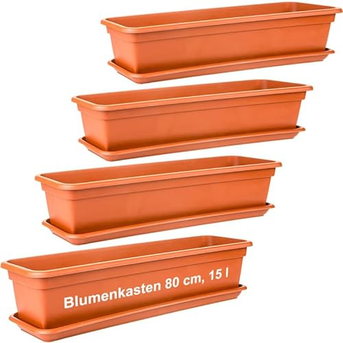 2friends Blumenkasten Set 80cm, Terracotta – 4er-Set Balkonkästen mit Untersetzer, Hochwertiger Kunststoff, EU