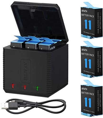 AFAITH 3 x Batteries 1800mAh and 3-Channel Battery Charger for Gopro Hero 12/11/10/9, Replacement Batteries with Triple Battery Storage Charger for Go pro camera Hero 12/11/10/9