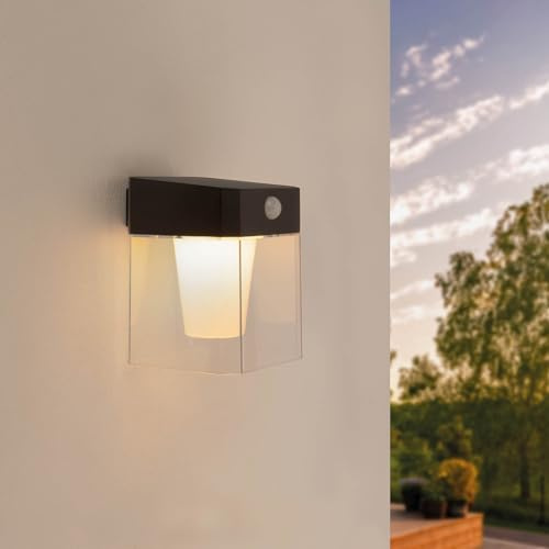 Ledvion - LED-Solar-Wandleuchte mit Bewegungssensor, quadratisch offen, schwarz, IP44, Solar, 0,5 W, 3000 K, Bewegungserkennung & Dämmerungsschalter, energieeffizient & wetterfest