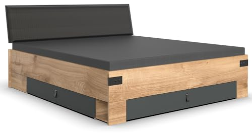 Lomadox Bettgestell Doppelbett Bett Liegefläche 180x200cm Industrial Look mit 2 Bettkästen Klappe Eiche Graphit 189x96x210 cm