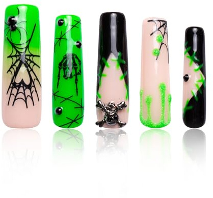 LOVFUL Press on Nails Halloween Luminous Lurker | Glow in the Dark | Handmade with Full Covered Crystals | Reusable Fake Nails | Square Mid length 1.7in | H339-S