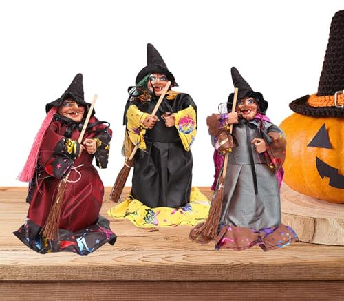 LearnLyrics Small Witch Doll, 3X Halloween Broom Witch Doll, Horror Festival Broom Doll Ornament For Home Decoration Children's Room