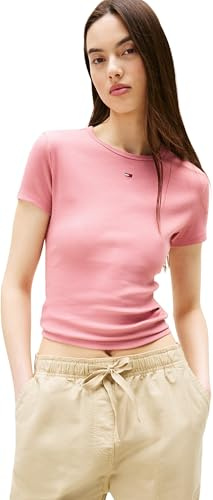 Tommy Jeans Donna T-Shirt Maniche Corte Essential Rib Slim Fit, Rosa (Tahiti Berry), S