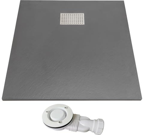 Thermopanel SMC Dark Grey Shower Trays Base Slate Stone Effect Textured Non Slip with Low Profile Waste and Stainless Steel Cover - 1200 x 800mm