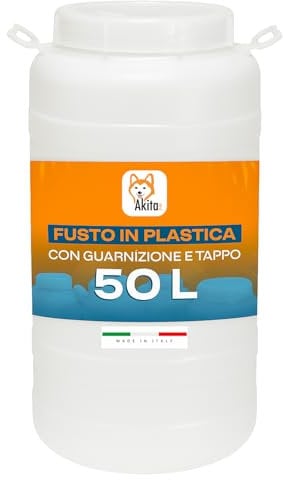 AKITAInk Fusto in Plastica 50 Lt con Bocca Larga e Tappo | Guarnizione Ermetica, Rubinetto Installabile, Alimentare, Neutro, Made in Italy