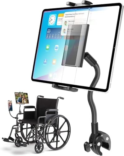LYFPOOM Tragbare Rollstuhl Tablet/Handy Halterung | Stabiler Halt, 360° Verstellbarer Aluminiumarm, 24cm Gesamt, 15cm Einstellbar, Für E-Modelle, iPad, Z Fold 5, E-Reader
