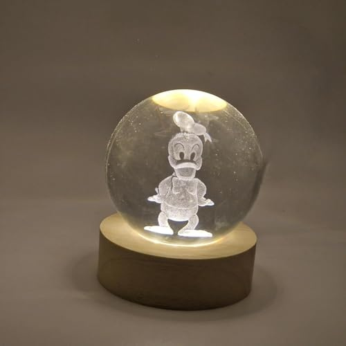 PixelLumens 3D Donald Duck Kristallkugel Lampe – LED-Nachtlicht mit Holzsockel, lasergraviertes Kristallglas, kreatives Geschenk für Kinder und Sammler