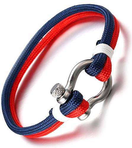 HALUKAKAH ● Vela ● Bracciale Uomo Corda in Nylon Multistrato Blu Mix Rosso Fatto a Mano Chiusura a Vite Argento 8.26(21cm) con Pacco Regalo Gratuita