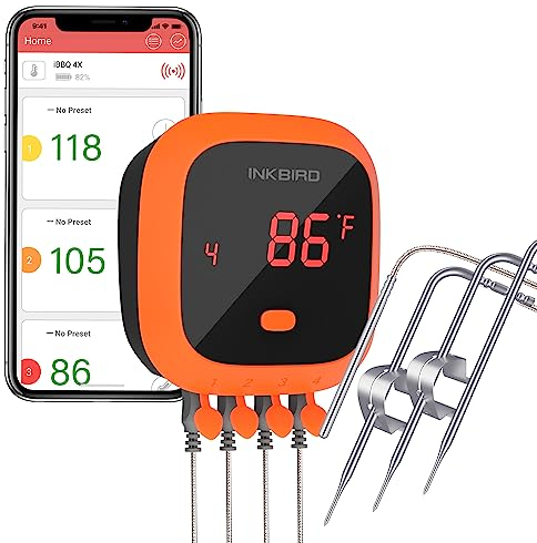 Inkbird Thermometre Barbecue IBT-4XC, Bluetooth Thermomètre Cuisine Étanche avec Sonde Temperature, Thermometre Cuisson Viande Rechargeable Magnétique pour Barbecue Electrique,Mini Four,Fumoir,Poisson