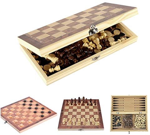 3 in 1 Folding Wooden Chess Set, 24x24cm International Chess Board Game Checkers with Portable Folding Interior Storage Wood Box for Kids and Adults Educational