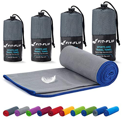Fit-Flip Mikrofaser Handtuch - kompakt, leicht und schnelltrocknend - Microfaser Handtücher - als Reisehandtuch, Sporthandtuch, Strandtuch und Badetuch groß (50x110cm, Grau mit Dunkelblauen Rand)