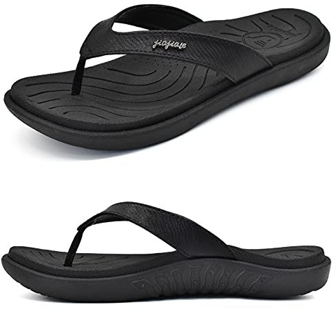 jiajiale Tongs Femme Mode Orthopédique Cuir Confortable Soutien Voûte Plantaire Tongue Legere Yoga Mat été Plage Piscine Flip Flop Douche Antidérapante Caoutchouc Semell Noir EU38
