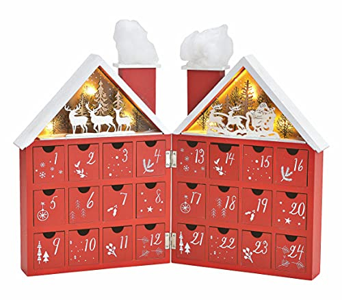 Holz Adventskalender Haus mit 24 Boxen und LED Beleuchtung - zum aufklappen - Buch Weihnachtskalender zum selber befüllen