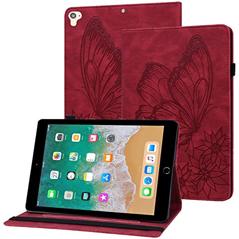 Rostsant Coque 5e/6e Génération, iPad Air 1/2, iPad Pro 9.7 Papillon en Relief Etui en Cuir PU Portefeuille Housse de Protection pour iPad 2017/2018, iPad Air 1/2, iPad Pro 9.7 - Rouge