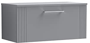 nuie DPF296W Deco Modern Bathroom Wall Hung 1 Drawer Part Fluted Vanity Basin Unit with Worktop, 800mm, Satin Grey