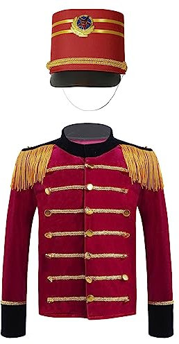 dPois Costume de Majeurtte de Bande Enfant Garcon Fille Rouge Veste Cirque Deguisement Monsieur Loyal avec Chapeau Tenue de Tambour Fanfare Casse-Noisette Rouge 7-8 Ans