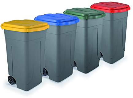 Eplastic - Set 4 Bidoni Raccolta Differenziata 80L | Contenitori Rifiuti con Coperchi Colorati (Blu, Giallo, Verde, Rosso) | Pattumiere Ecologiche per Casa e Ufficio - Corpo Grigio Resistente